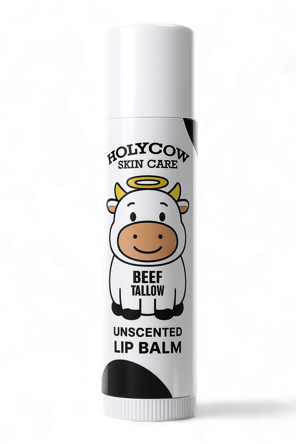 Lip balm with cow character and 'HOLYCOW SKIN CARE' branding on a white background