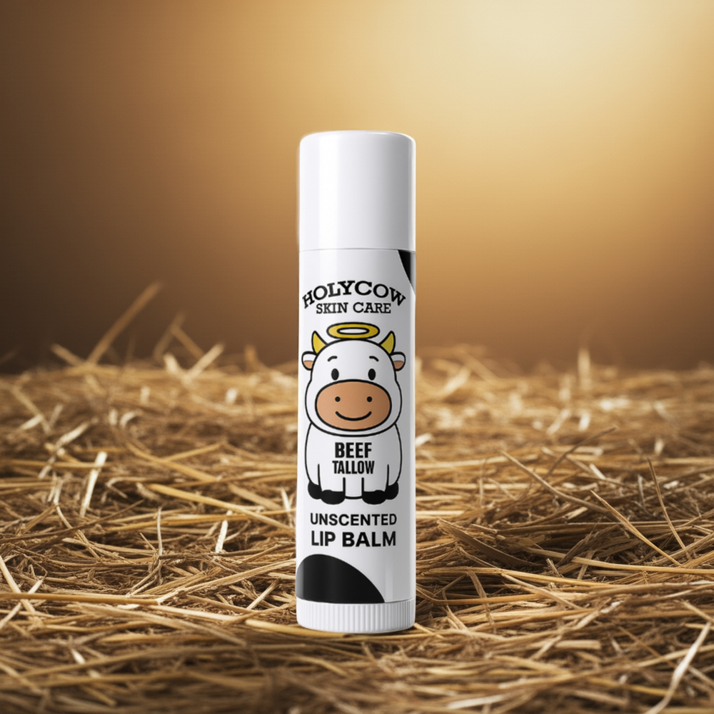Grass-fed beef tallow lip balm with a cow illustration on a hay background